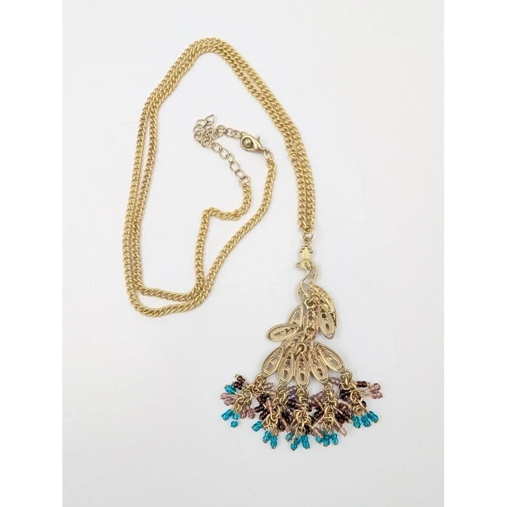 Boho Statement Necklace Lot Set of 3 Turquoise Color Bead Tassel Peacock Pendant